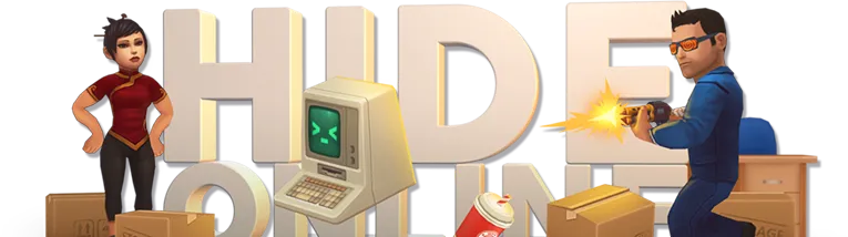 Hide Online game image. There are set of props (like computer or boxes) and a character with a gun